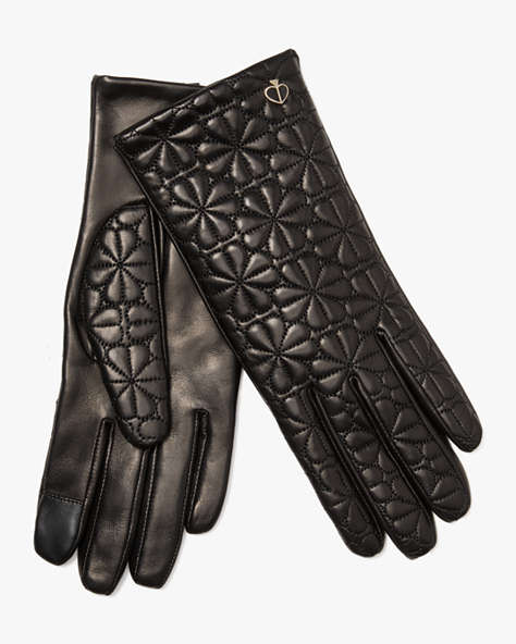 Kate Spade,spade flower quilted leather gloves,gloves,Black / Glitter