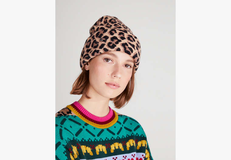 Kate Spade,Leopard Beanie,Roasted Cashew image number 0