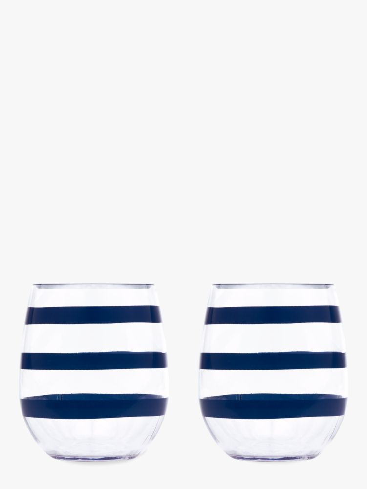 Navy Stripe Acrylic Stemless Wine Glass Set, BLUE, Product