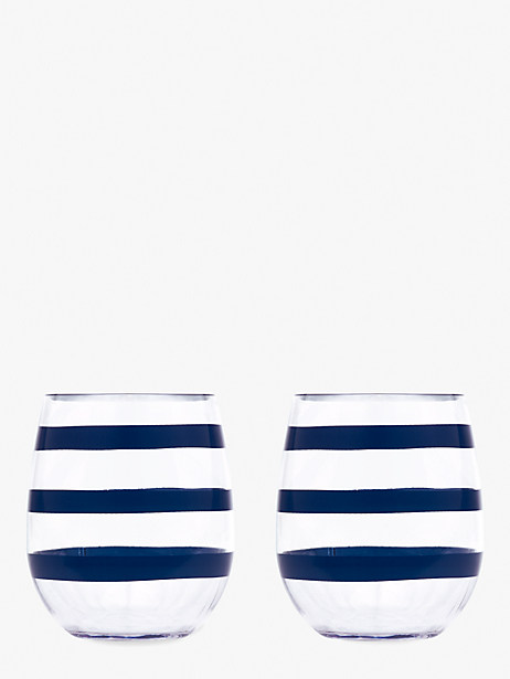 navy stripe acrylic stemless wine glass set