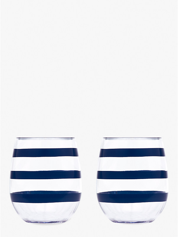 navy stripe acrylic stemless wine glass set, , rr_large