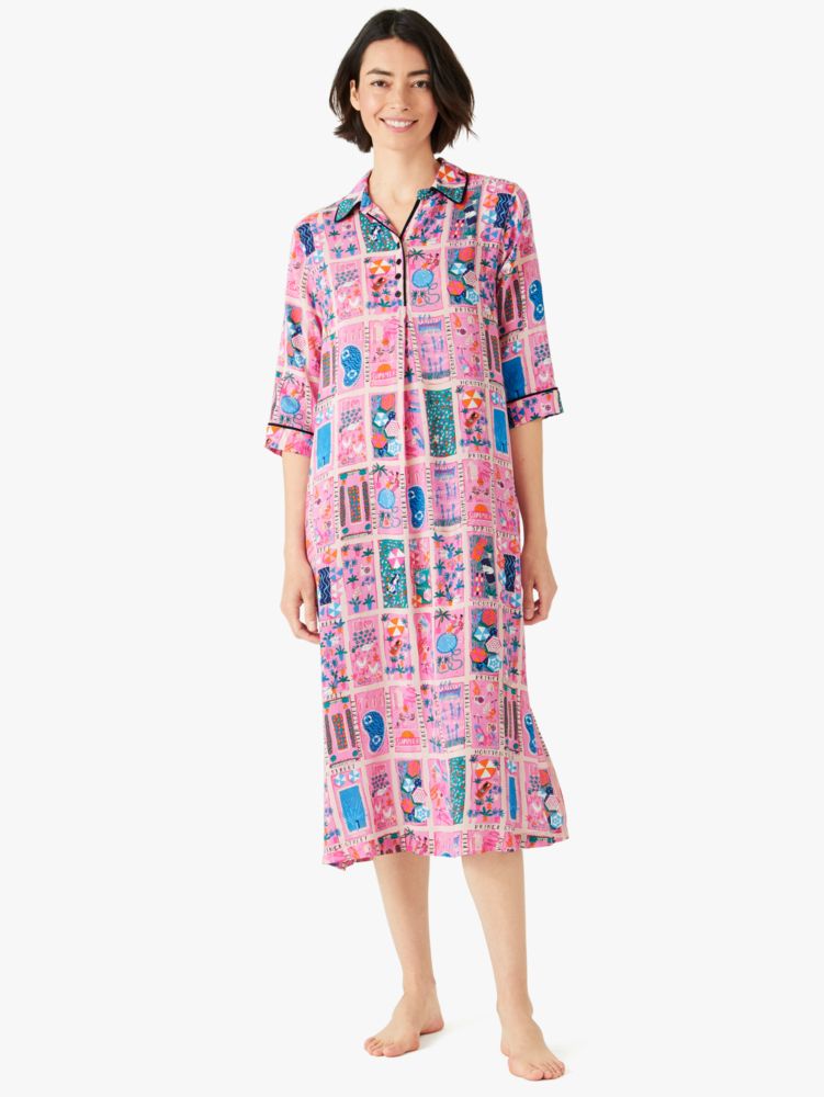 rooftop scene three-quarter-sleeve gown, Pomegranate., Product