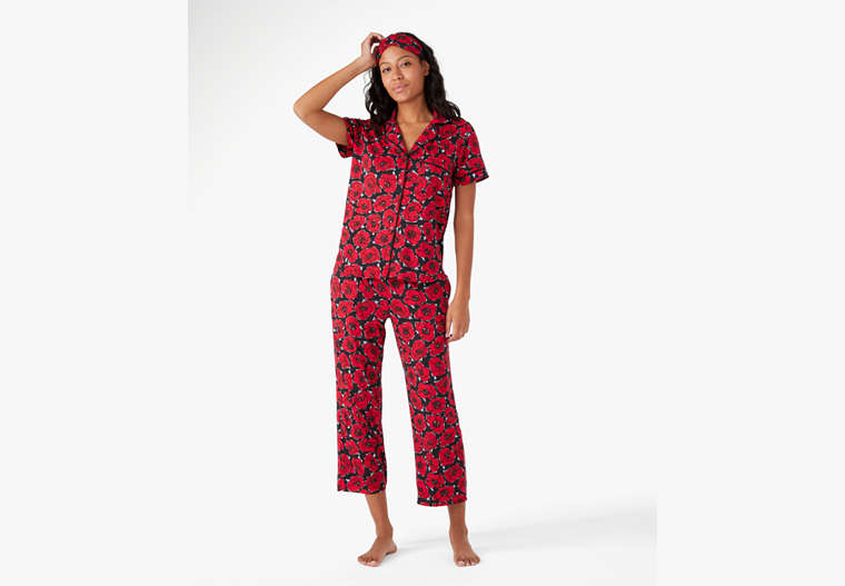 Kate Spade,Short Sleeve Notch Collar Cropped Pajama Set,cozy jersey,Black Print image number 0