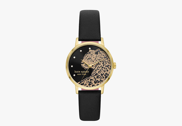 Metro Leopard Black Leather Watch, Black, Product