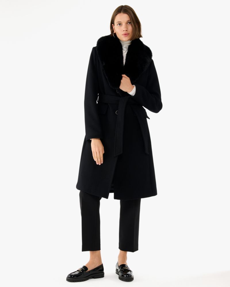 ◇新品◇kate spade ケイトスペード ファー付ウールコート 黒