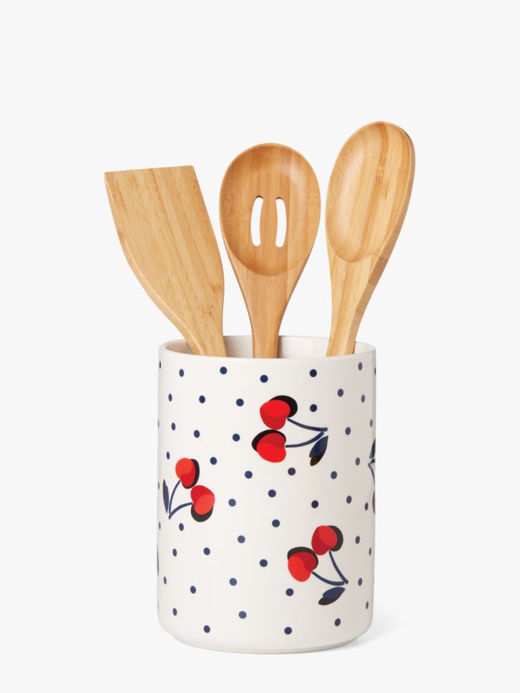 KATE SPADE VINTAGE CHERRY DOT UTENSIL CROCK WITH UTENSILS