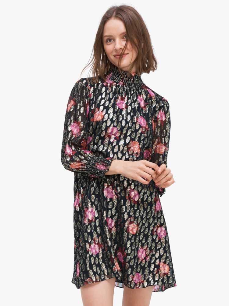 rose garden smocked shift dress, Black / Glitter, ProductTile