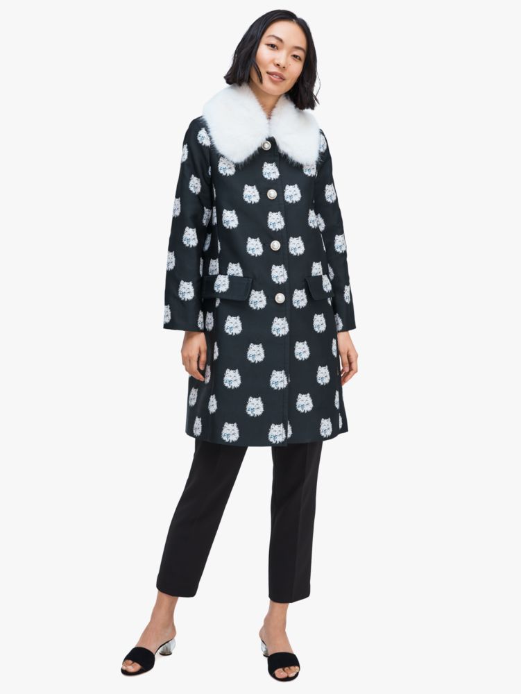 Cat Dot Jacquard Removable Fur Collar Coat | Kate Spade UK