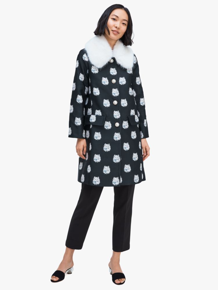 Cat Dot Jacquard Removable Fur Collar Coat | Kate Spade New York