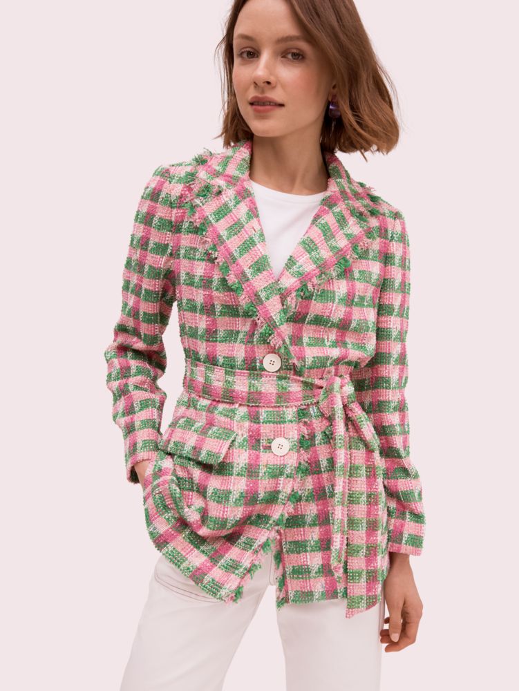 Women's bright peony multi plaid tweed blazer Kate Spade New York