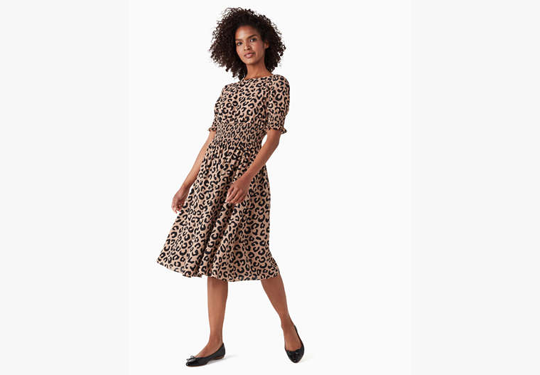 Graphic Leopard Puff-sleeve Blaire Midi Dress, Dark Almond, Product image number 0