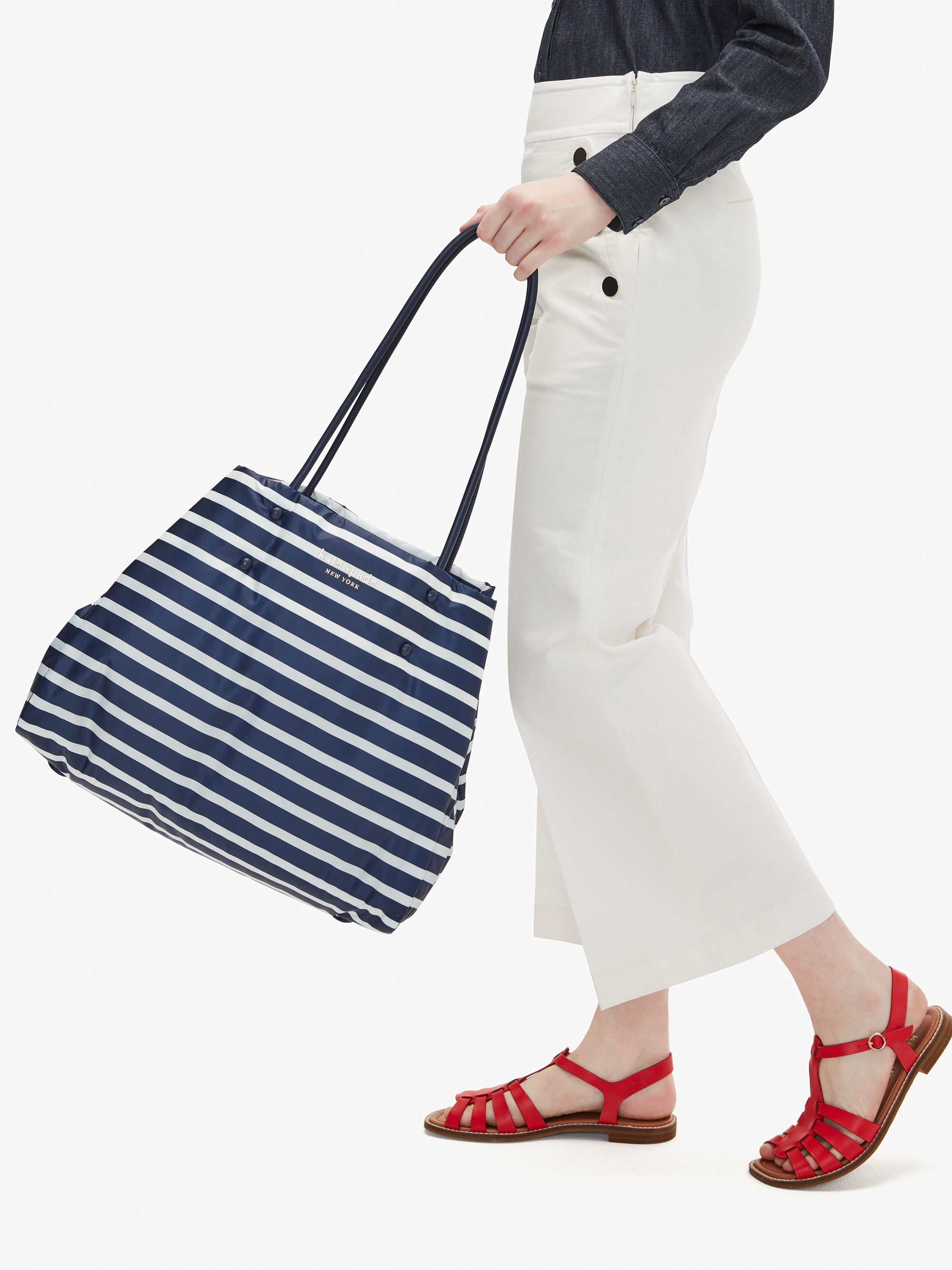 Blue Green Scallops and Drag with Stripe Pocket Large Tote