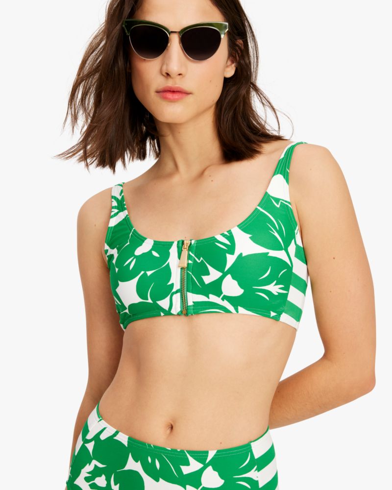 Shop Kate Spade Cabana Mix Zip-front Bikini Top In Forest Glen