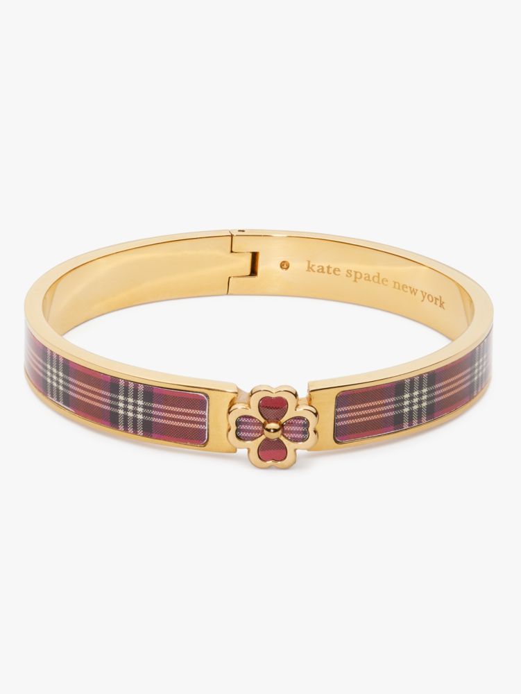 Kate Spade Gold-tone Spade Flower Printed Bangle Bracelet In Foliage Plaid