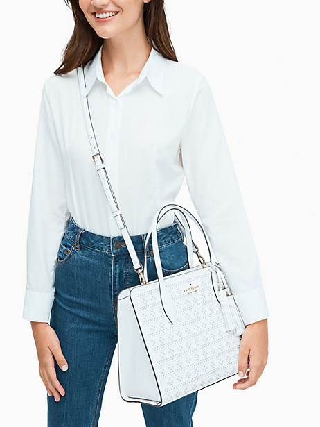 rowe perf medium top zip satchel, white dove, productThumbnail